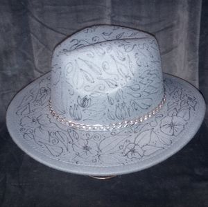 Hand Drawn Hand Burned Grey Wide Brim Fedora Hat